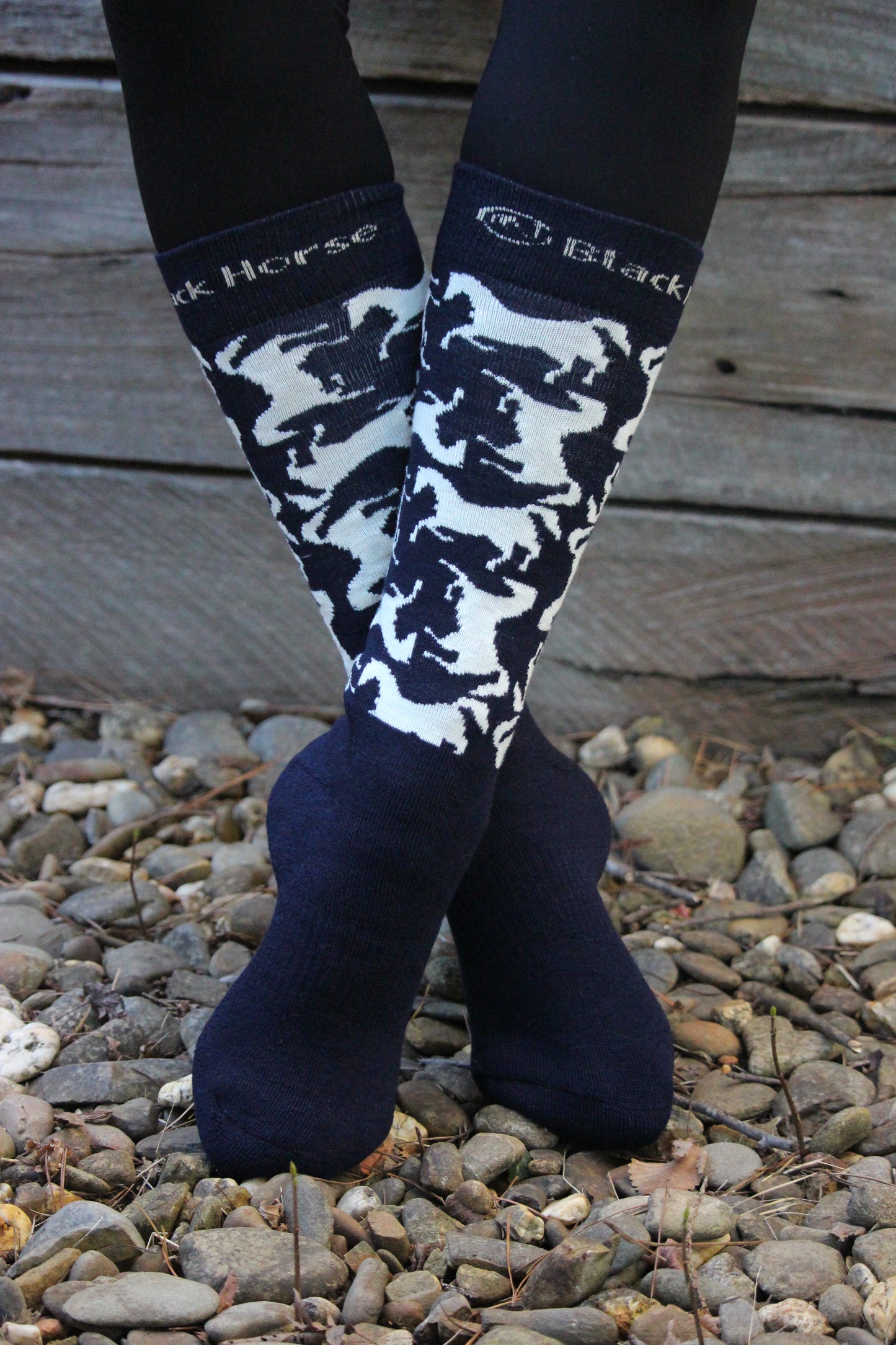 Black Horse Wool Socks - Navy/Cream Horse